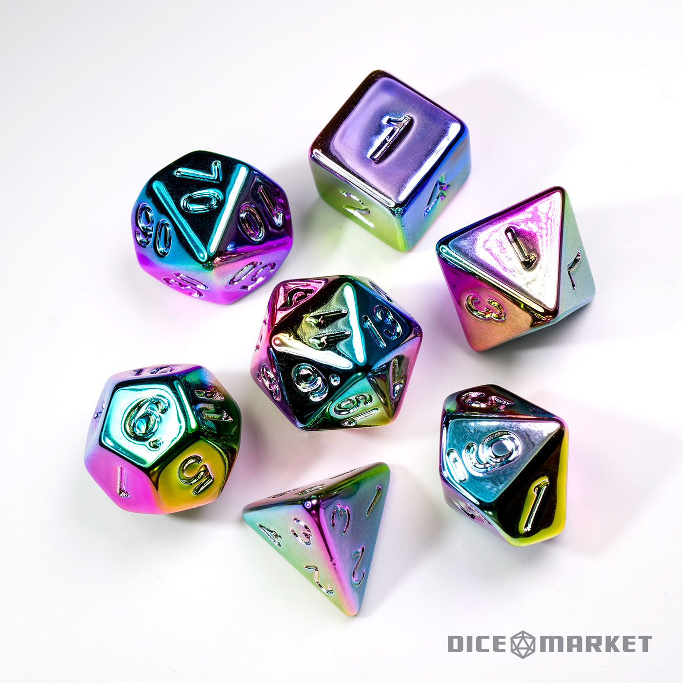 7pc Rainbow Faux Metal Polyhedral Dice Set